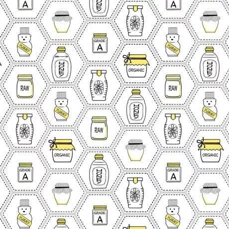 All the Buzz - Honey Jars - per yard - Ink & Arrow by Monika Zhu - Quilting Treasures - honeycomb honeyjars - WHITE - 27610-Z