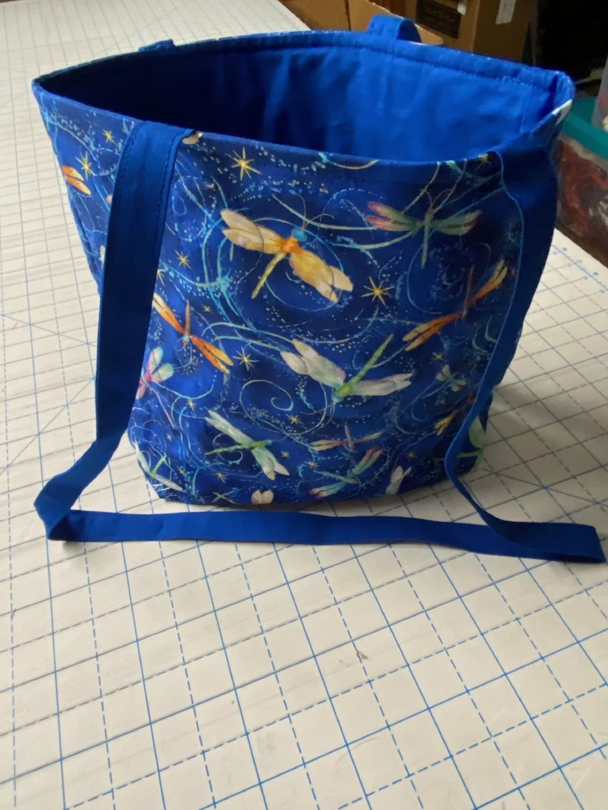 Machine-Quilted Tote Bag-Colorful Dragonflies on Blue Background w/Blue Lining