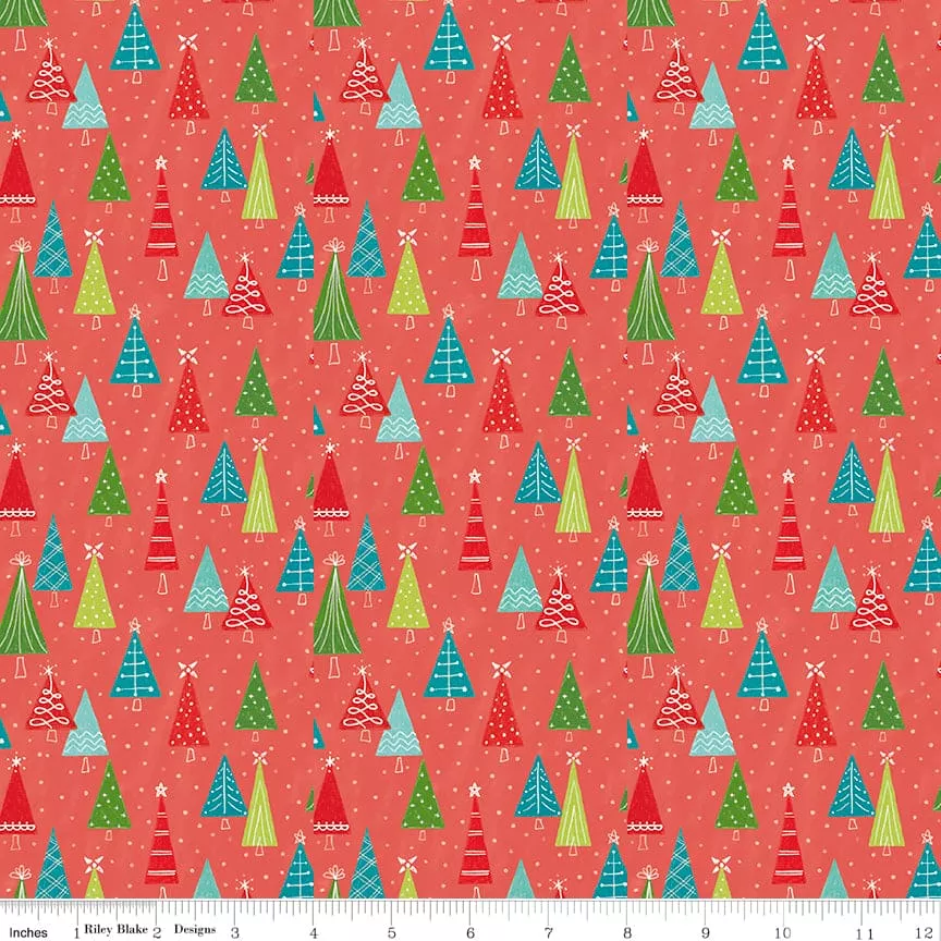 Snowed In - Coral Snowed In Trees - per yard - by Heather Peterson - for Riley Blake Designs - Christmas, Snowmen, Winter - C10814-CORAL