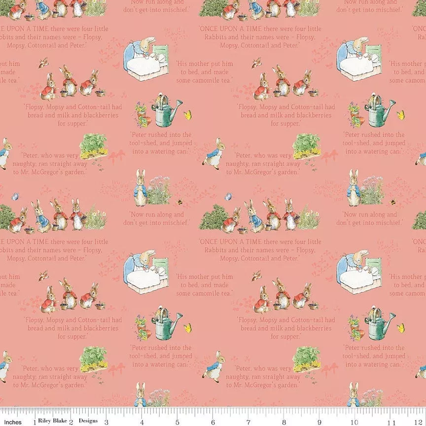 The Tale of Peter Rabbit Coral Text C14701-Coral Fabrics Sold in 1/2 Yard Increments