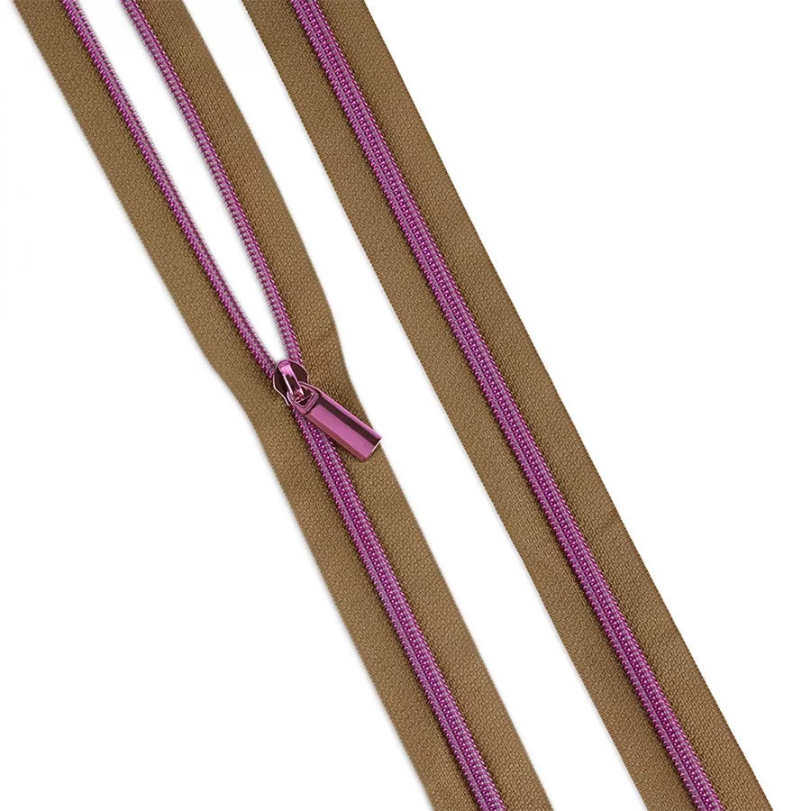 Tula Pink Natural & Pink #5 Nylon Coil Zipper 3 Yard Tape with 9 Zipper Pulls | Sallie Tomato
