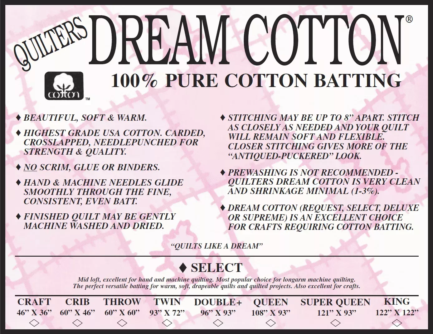 White Cotton Select Queen 108" x 93" Quilters Dream Batting