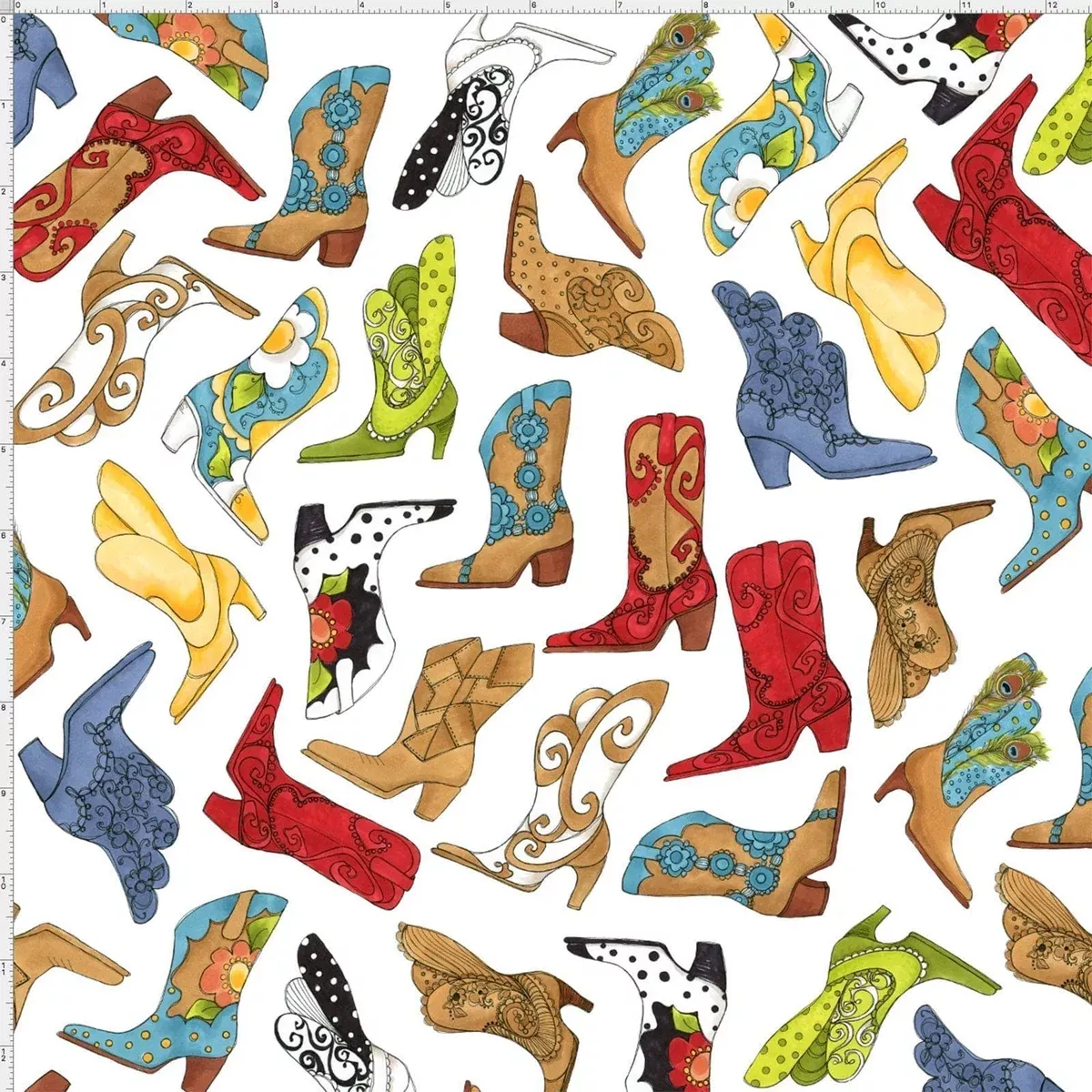 Whoa Girl! - Per Yard - Loralie Harris Designs - New collection by Loralie! Cowgirl, boots, ropes, yee haw! Tossed Boots on White 692-319