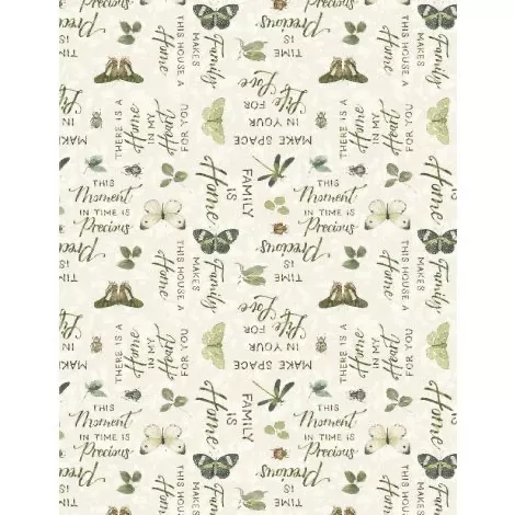 Wilmington Prints - Green Fields - Words Cream