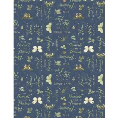 Wilmington Prints - Green Fields - Words Dark Blue