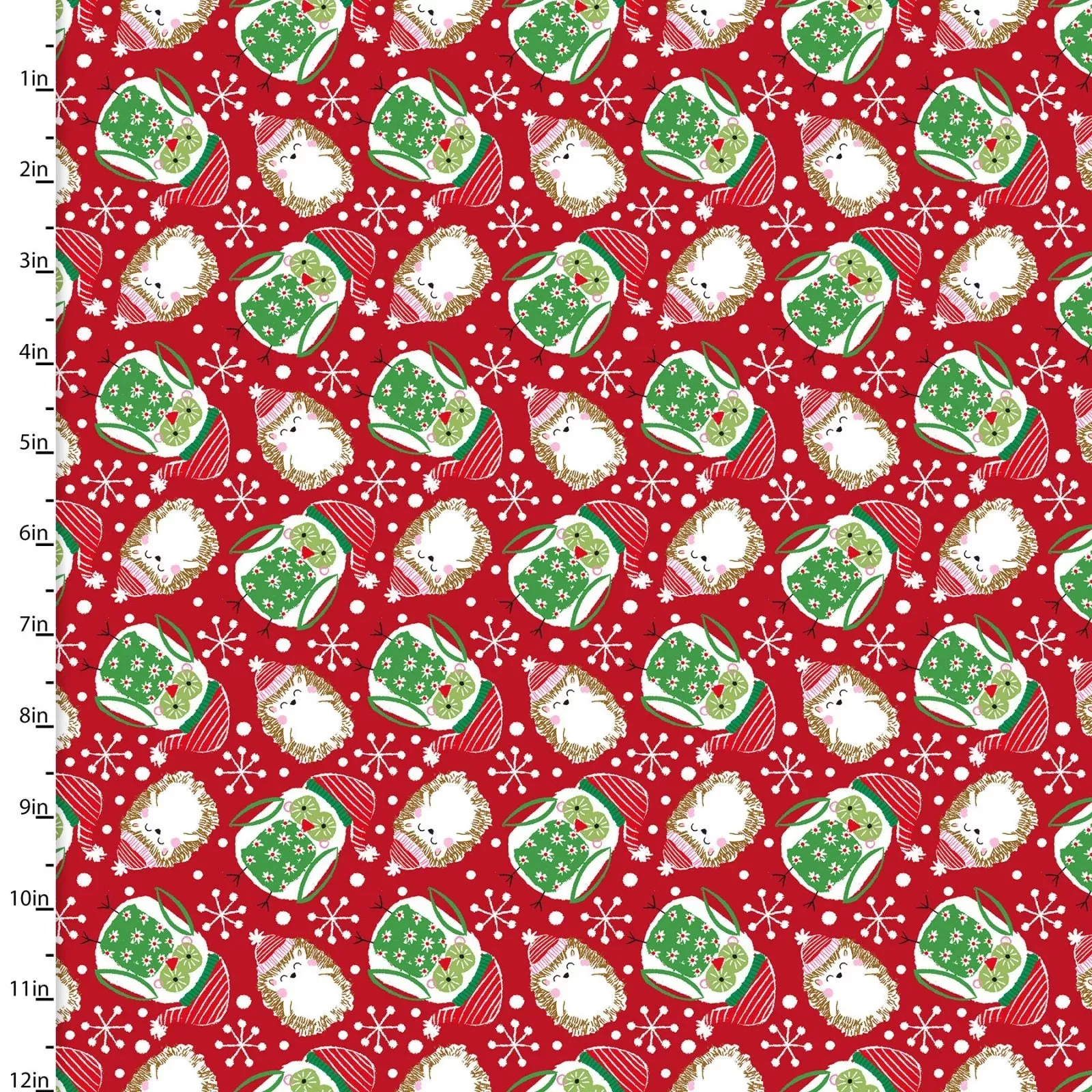 Winter Woodland Red Owls & Hedgehogs 15145-RED Cotton Woven Fabric